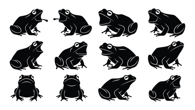 Set of black frog silhouettes on white background