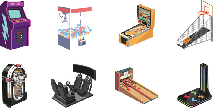 Isometric Retro Arcade Game Machine Icon Set with Pinball, Claw Crane, Jukebox, Basketball Shoot, Racing Simulator, and Skee Ball Vectors for Gaming Designs