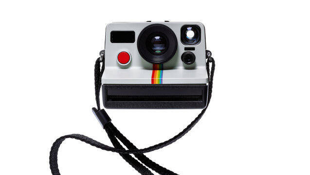 Retro instant camera with rainbow stripe and black neck strap