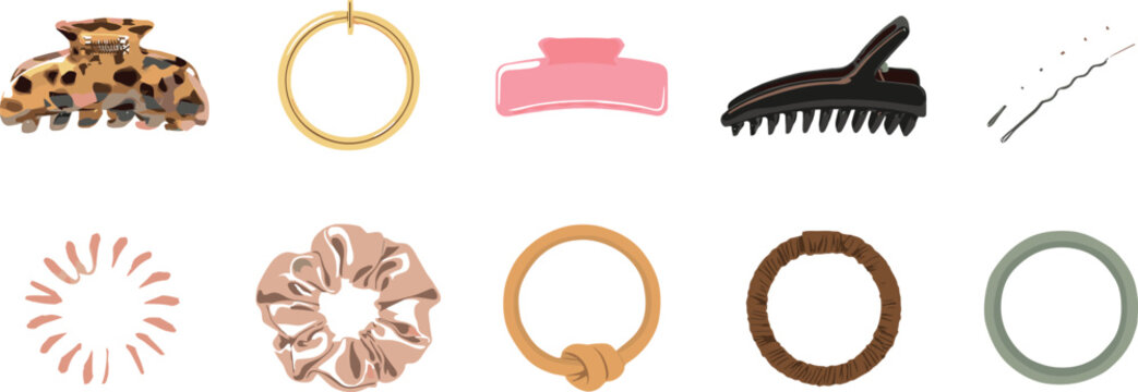 Women Hair Accessories Vector Icon Set with Claw Clips, Scrunchies, Headbands, Bobby Pins, and Elastic Hair Ties for Salon Beauty Designs