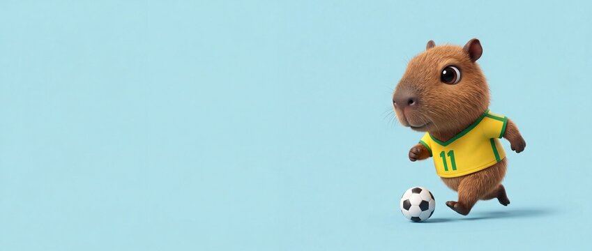 Cute capybara playing soccer ball running in yellow and green sports jersey on light blue background, funny 3D character illustration banner with copy space for sports promotion and website header