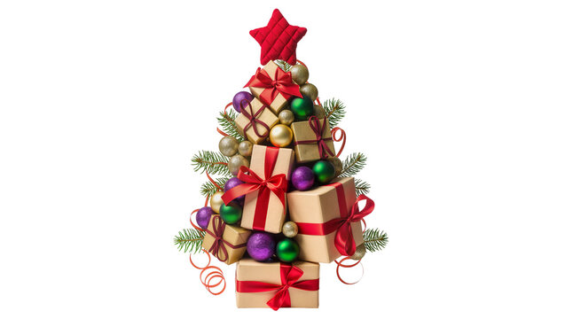 Christmas tree made of gift boxes ornaments, and pine branches
