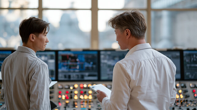 Hydroelectric dam operation control room with large-format digital flow monitoring displays, two operators standing before the screens comparing readings on tablets, window behind