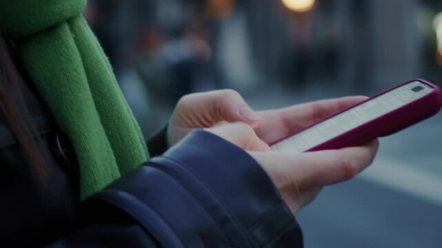 Close-up of a hand holding a smartphone at a pedestrian crossing, with people walking and a busy city street in the background. High quality 4k footage