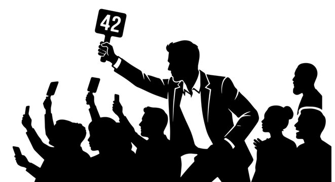 Auction bidder silhouette with number 42 paddle, crowd of people bidding at public sale, black and white vector of competitive bidding event