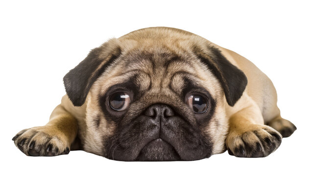 Sad pug puppy lying down with big eyes