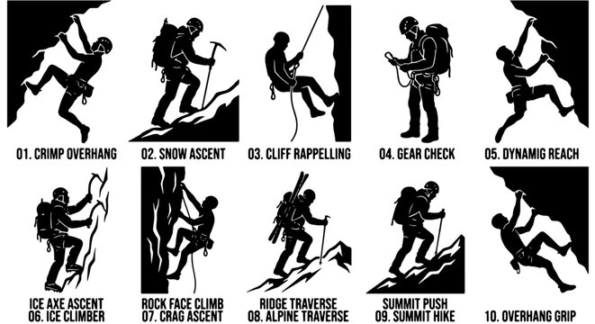 Rock climbing silhouettes set, 10 mountaineering icons including rappelling and ice axe ascent, black and white bouldering and alpine hiking vector graphics