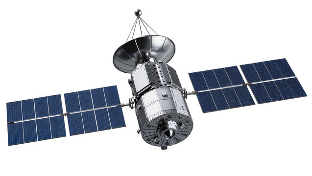 Space satellite with solar panels and dish antenna