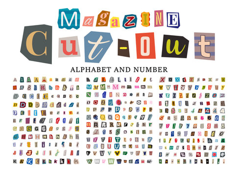 Mega set of cut out magazine alphabet collage font with colorful letters, letters and numbers in retro Y2K style, paper scrapbook typography set. Cartoon blackmail ransom kidnapper anonymous Font.