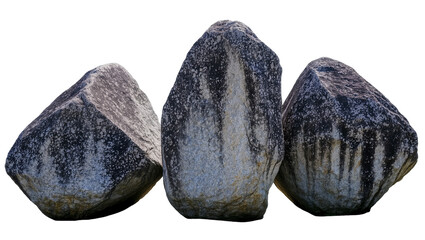 Three rough textured granite boulders with dark streaks, isolated on transparent background © Sorin