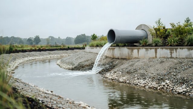 Industrial pipe releasing water into river with gravel and greenery in landscape scene