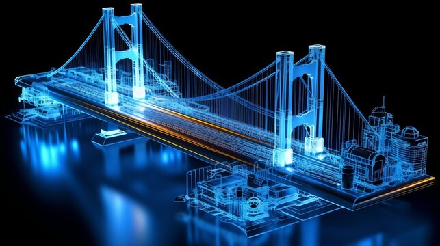 Digitales und visualisiertes Modell einer H&auml;ngebr&uuml;cke, mit KI generiert