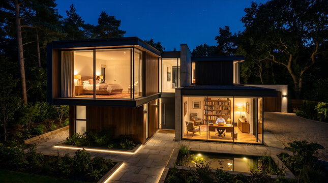 Modern house with a bedroom and study room illuminated at night with lights