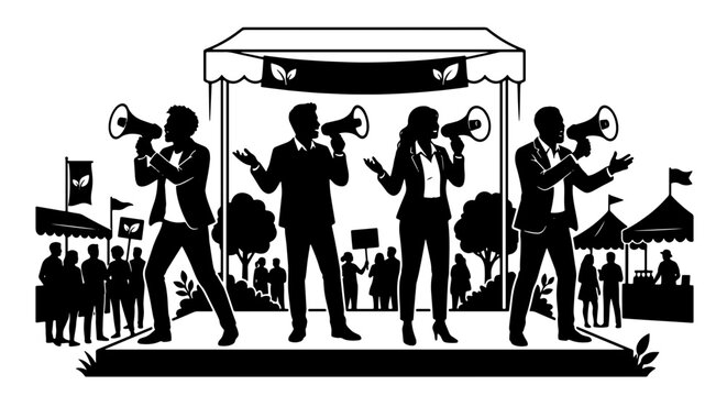 Political campaign rally silhouette, activists shouting into megaphones on stage, public speaking event with crowd and protest signs, vector illustration