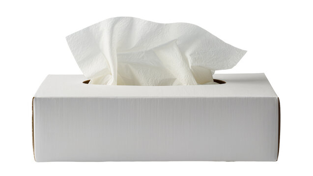 White tissue box with soft white tissues emerging from opening