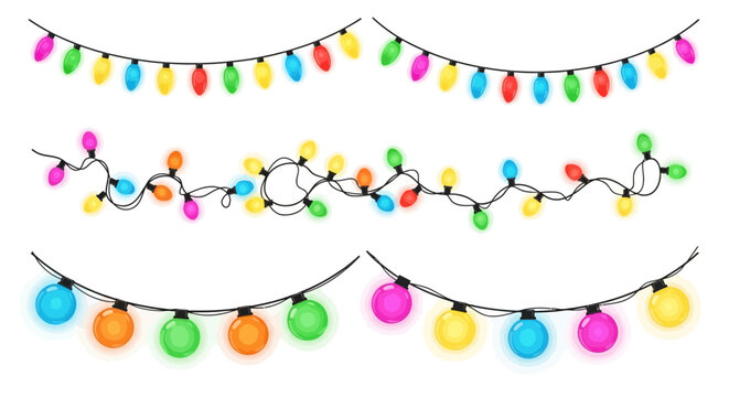 Vibrant Christmas string lights and colorful holiday bulb decorations isolated on white background for festive design