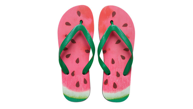 Watermelon slice pattern flip flops with green straps