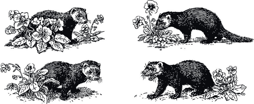 vintage engraving set of ferrets wildlife animals with flowers decorative elements