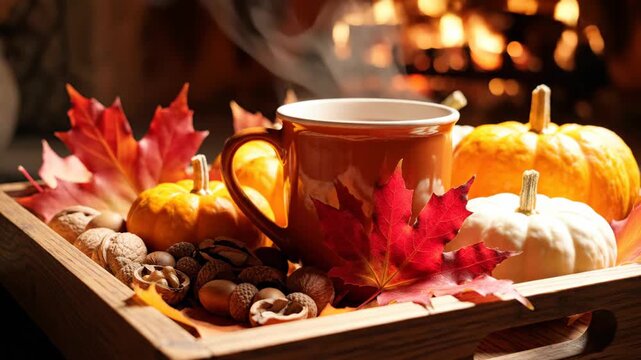 Cozy steaming mug, pumpkins, autumn leaves, nuts by fireplace