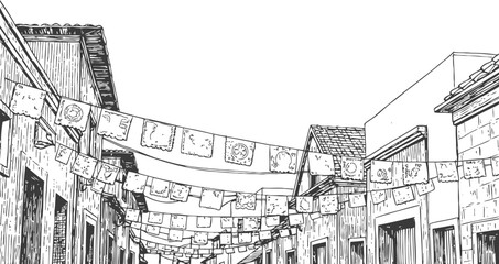 Fototapeta premium decorative flags hanging over narrow street between old buildings black and white line drawing