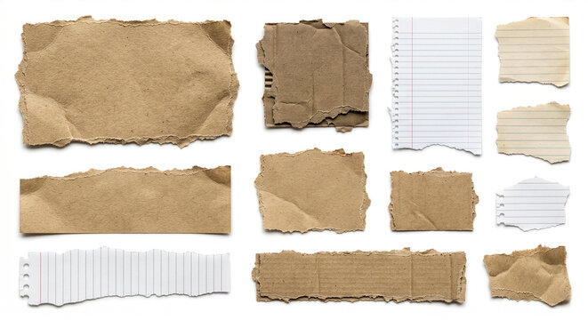 Set of Ripped Kraft Cardboard Mock Up and Lined Notebook Torn Paper Scraps on White Background, The Concept of Scrapbooking