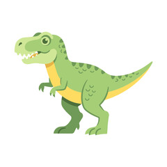 Fototapeta premium A cute green cartoon Tyrannosaurus Rex dinosaur with a friendly expression, standing on a white background.