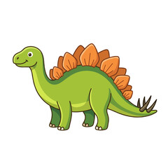 Fototapeta premium A cute cartoon green Stegosaurus dinosaur with orange plates on its back and spikes on its tail, smiling cheerfully.