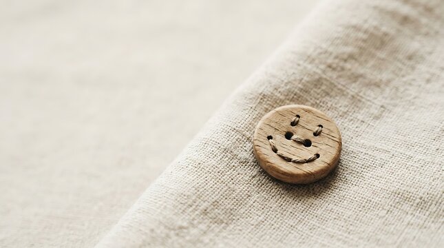 Smile face wooden button on beige linen textile