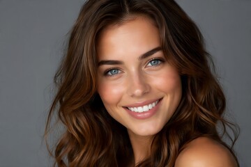 Naklejka premium Beautiful young woman with healthy wavy brown hair smiling brightly