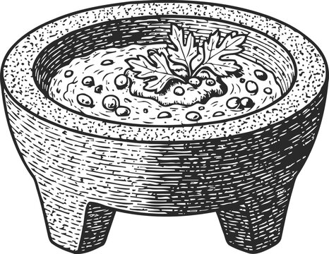 Traditional molcajete bowl with salsa and cilantro garnish detailed engraving
