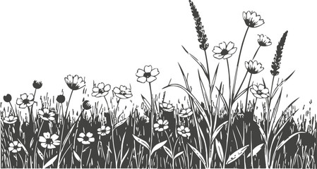 Obraz premium Wildflower meadow silhouette black and white floral grass field vector illustration