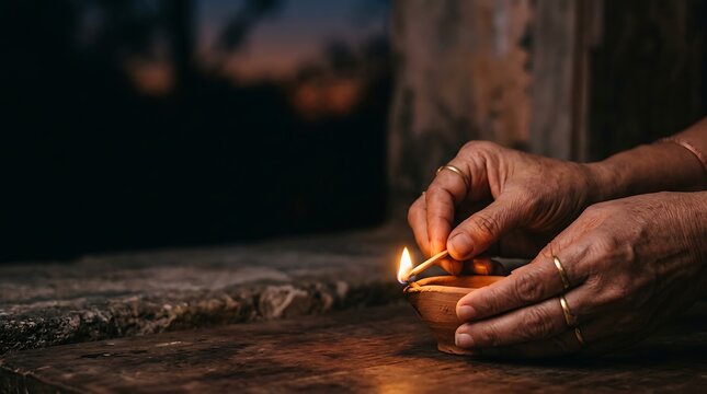 Elderly hands lighting a traditional clay diya lamp at dusk