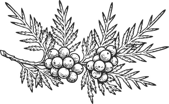 Hand drawn juniper branch with berries vintage botanical engraving illustration
