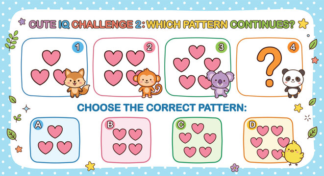 Cute IQ challenge math puzzle worksheet for kids, find the next heart pattern game with cartoon animals.