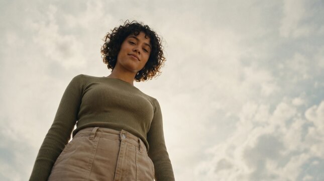 Low angle portrait of confident young woman looking down against cloudy sky