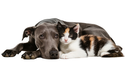 Fototapeta premium Great Dane dog resting with calico kitten on white