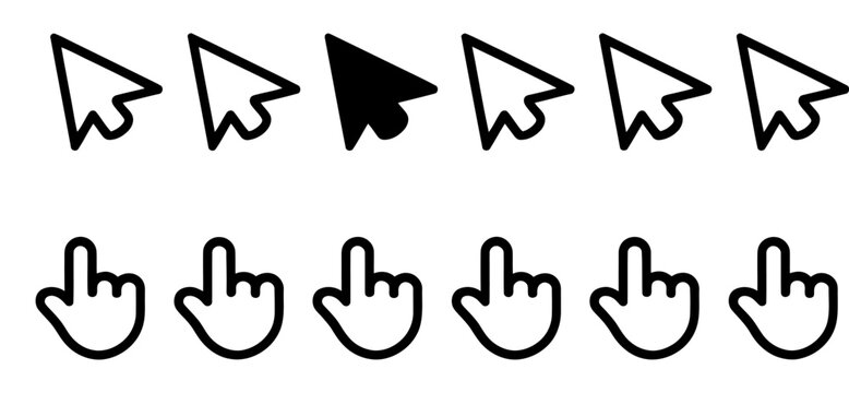 Set of computer mouse pointer arrow and hand click icons in flat black design style.