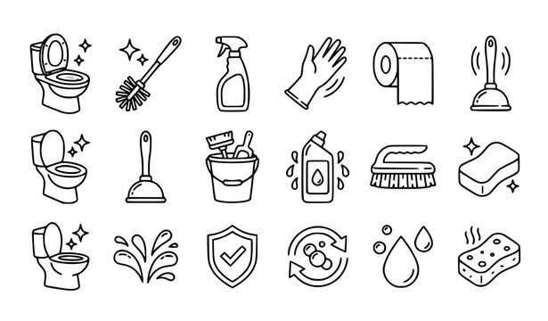 Toilet cleaning icons and bathroom hygiene symbols