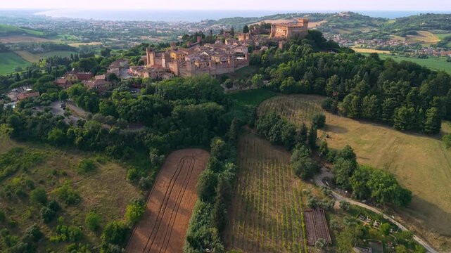 Gradara medieval borgo drone panoramic approach in Marche Italy. Cinematic aerial overflight over rolling green hills and agricultural fields toward compact fortified castle town. Travel 4K.