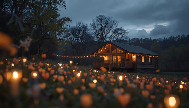 Cabin stands in a meadow filled with thousands of small glowing flowers under a dusky twilight sky with string lights hanging from the roof of the small wooden home.