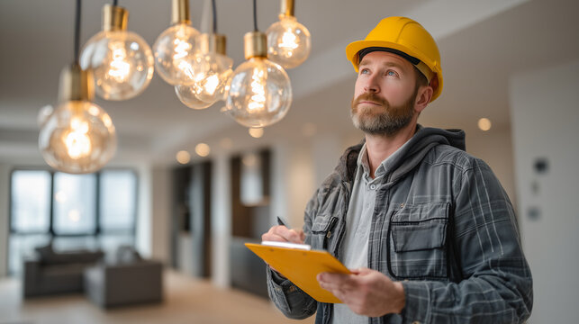 Professional electrician inspecting modern pendant lighting installation during residential electrical safety inspection