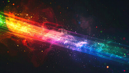 Fototapeta premium Abstract rainbow light beam with sparkling particles and glowing energy trails in dark space, vibrant spectral colors, cosmic motion effect