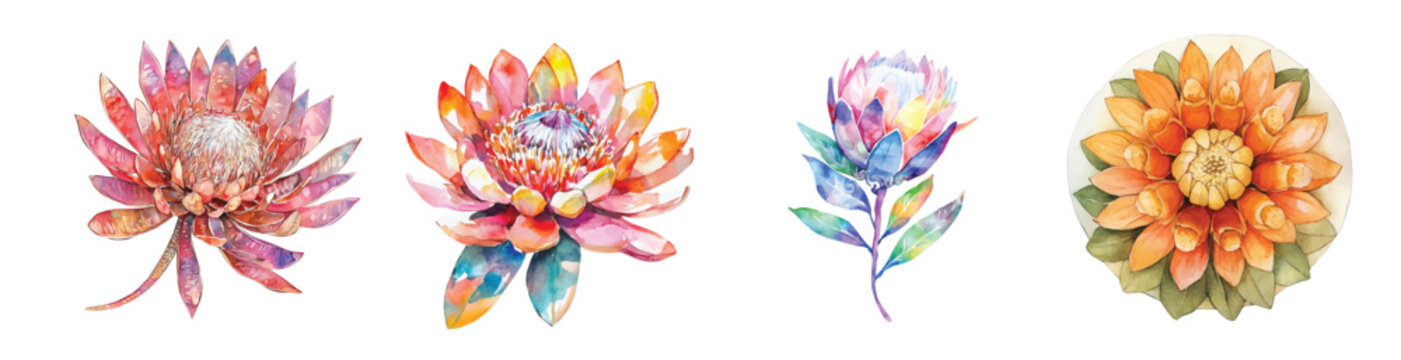 An Imaginary Minimalistic 2D flat icon protea flower, modern element in vector and EPS format, isolated on a white background, Watercolor painting design, collection artwork