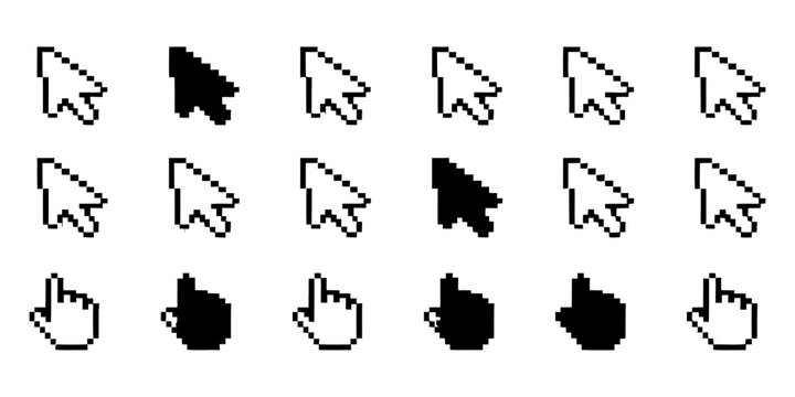 Pixel art cursor icon collection perfect for retro gaming and modern web design applications.
