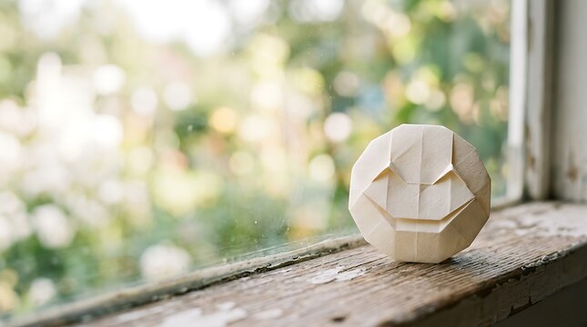 Paper origami happy face on a rustic wooden window ledge