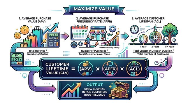 Business infographic explaining customer lifetime value formula metrics