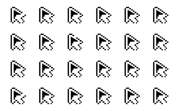 Repeated pixel art mouse cursor pattern in black and white for digital backgrounds.