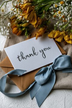 Elegant thank you card with dried flowers and blue ribbon on linen