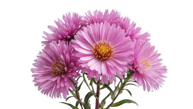 Bouquet of pink asters with yellow centers and green stems