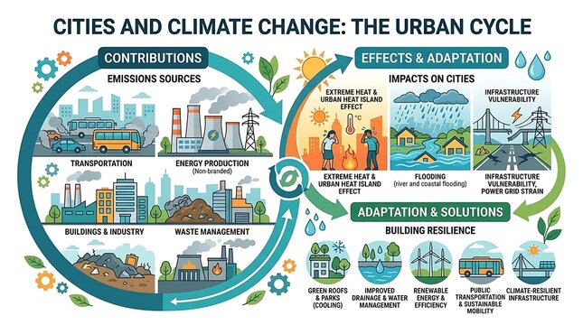 Urban climate change cycle showing emissions impacts and solutions